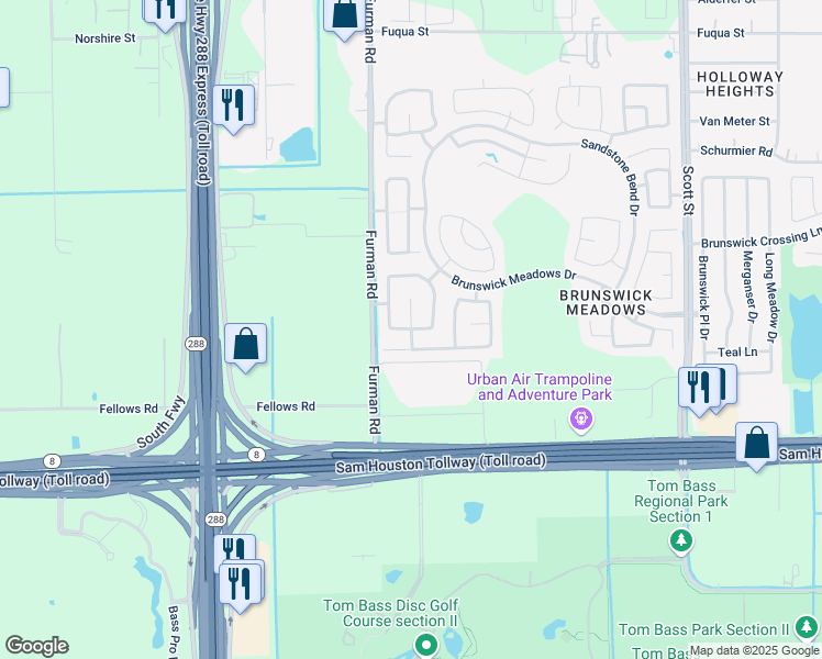 map of restaurants, bars, coffee shops, grocery stores, and more near Meadow Lane in Houston