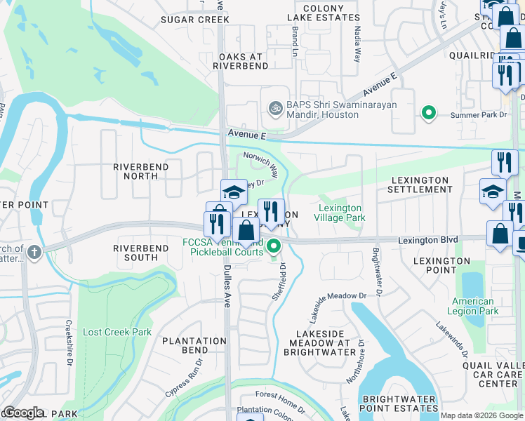 map of restaurants, bars, coffee shops, grocery stores, and more near 1218 Manchester Circle in Missouri City