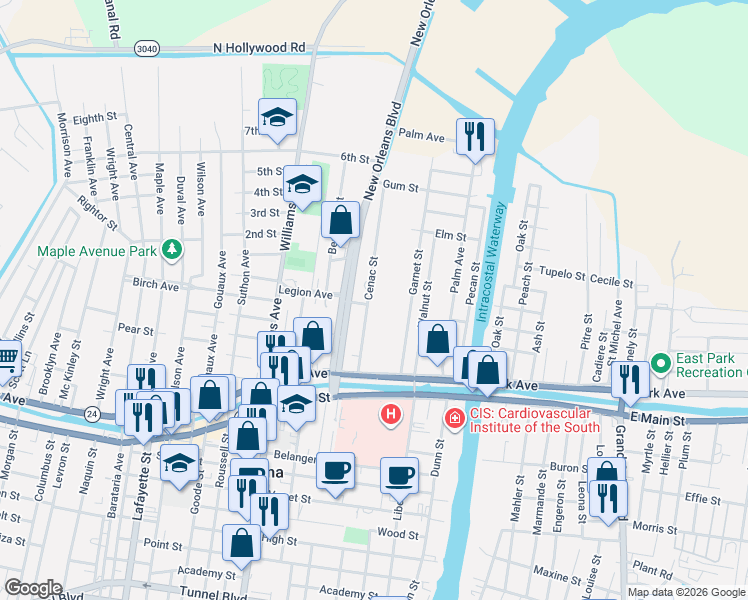 map of restaurants, bars, coffee shops, grocery stores, and more near 202-398 Cenac St in Houma