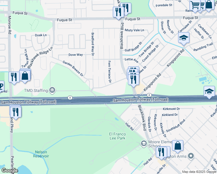 map of restaurants, bars, coffee shops, grocery stores, and more near 9302 Carmalee Street in Houston