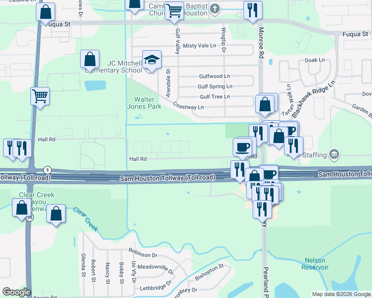 map of restaurants, bars, coffee shops, grocery stores, and more near 11219 Hall Ridge Court in Houston