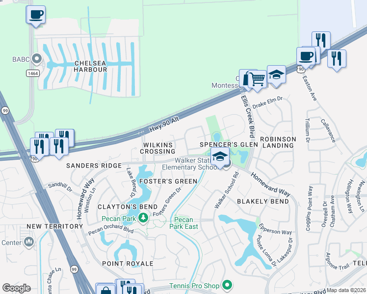 map of restaurants, bars, coffee shops, grocery stores, and more near 207 Wilkins Crossing in Sugar Land
