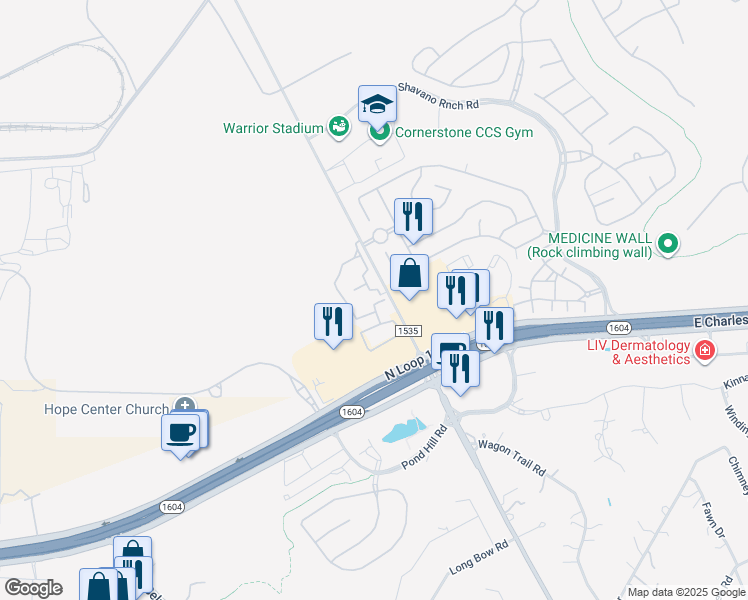 map of restaurants, bars, coffee shops, grocery stores, and more near 17203 Northwest Military Highway in San Antonio