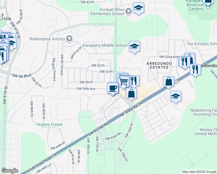 map of restaurants, bars, coffee shops, grocery stores, and more near 7526 Southwest 56 Avenue in Gainesville