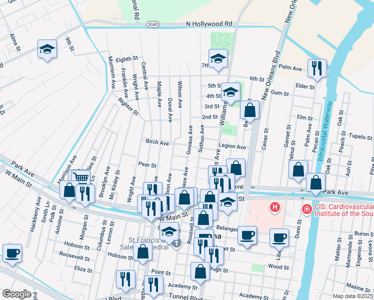 map of restaurants, bars, coffee shops, grocery stores, and more near 325 Gouaux Avenue in Houma