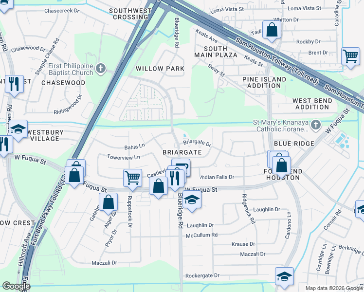 map of restaurants, bars, coffee shops, grocery stores, and more near 7003 Briargate Drive in Missouri City