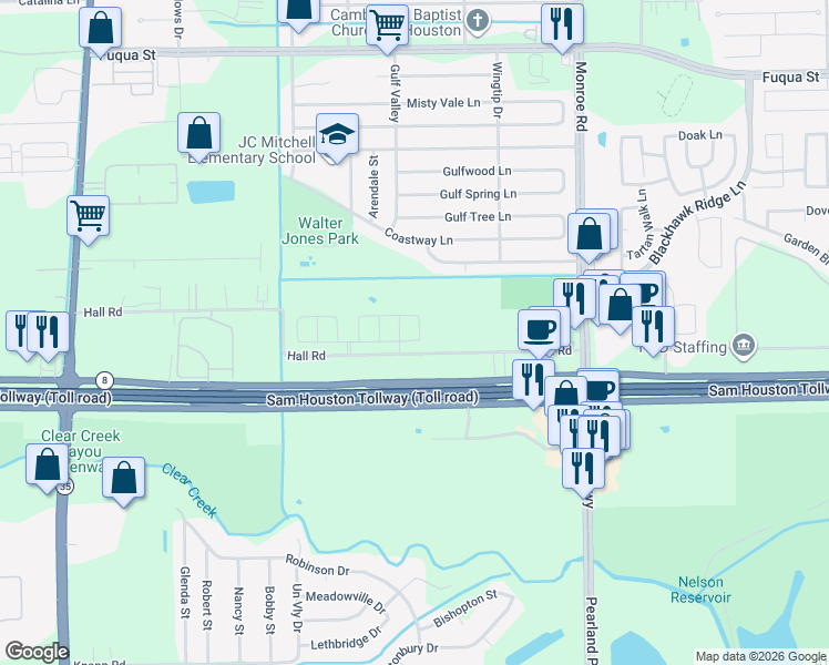 map of restaurants, bars, coffee shops, grocery stores, and more near 11219 Hall Ridge Court in Houston