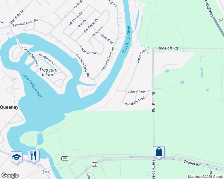 map of restaurants, bars, coffee shops, grocery stores, and more near 240 Lake Ridge Drive in Seguin
