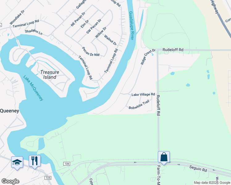 map of restaurants, bars, coffee shops, grocery stores, and more near 232 Lake Ridge Drive in Seguin