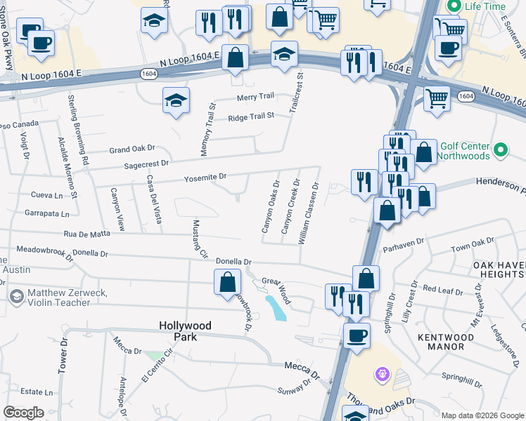 map of restaurants, bars, coffee shops, grocery stores, and more near 123 Canyon Oaks Drive in San Antonio
