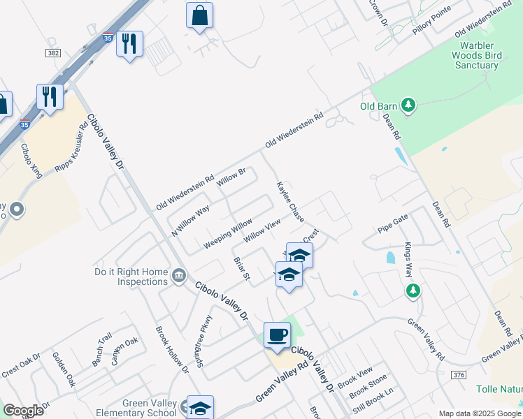 map of restaurants, bars, coffee shops, grocery stores, and more near 240 Weeping Willow in Cibolo