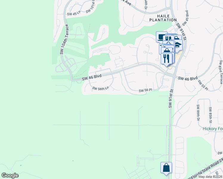 map of restaurants, bars, coffee shops, grocery stores, and more near 9851 Southwest 55th Road in Gainesville