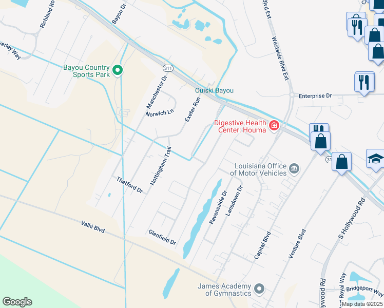 map of restaurants, bars, coffee shops, grocery stores, and more near 287 Brighton Loop in Houma