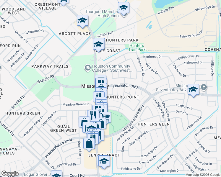map of restaurants, bars, coffee shops, grocery stores, and more near 1802 Creighton Drive in Missouri City