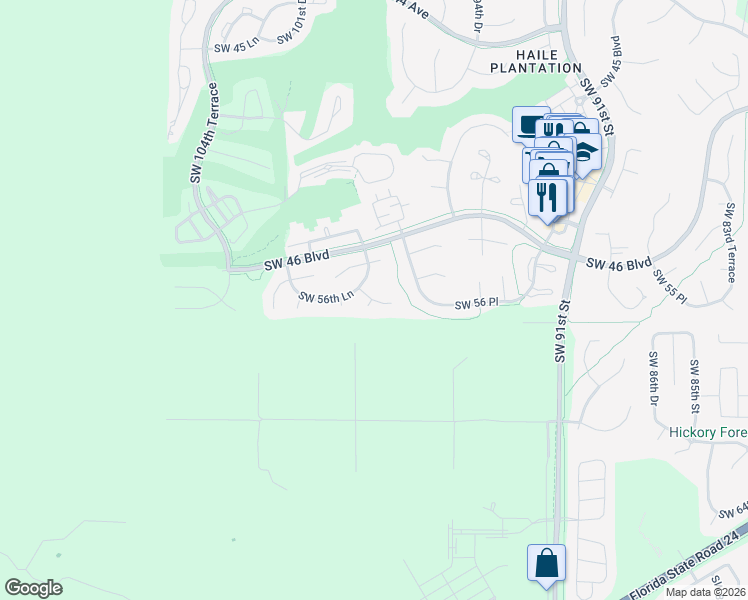 map of restaurants, bars, coffee shops, grocery stores, and more near 9851 Southwest 55th Road in Gainesville