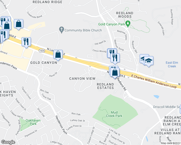 map of restaurants, bars, coffee shops, grocery stores, and more near 2618 Melrose Canyon Drive in San Antonio