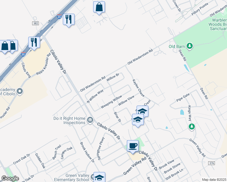 map of restaurants, bars, coffee shops, grocery stores, and more near 212 Willow Run in Cibolo