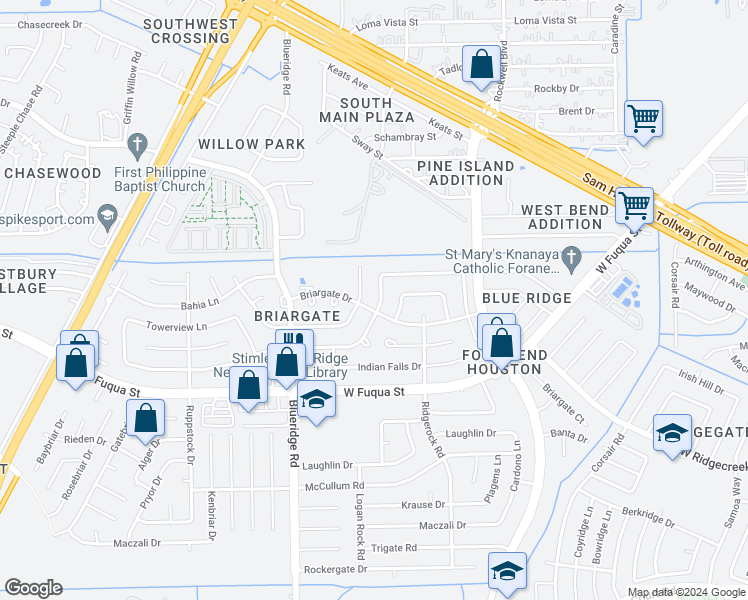 map of restaurants, bars, coffee shops, grocery stores, and more near 6758 Indian Lake Drive in Missouri City