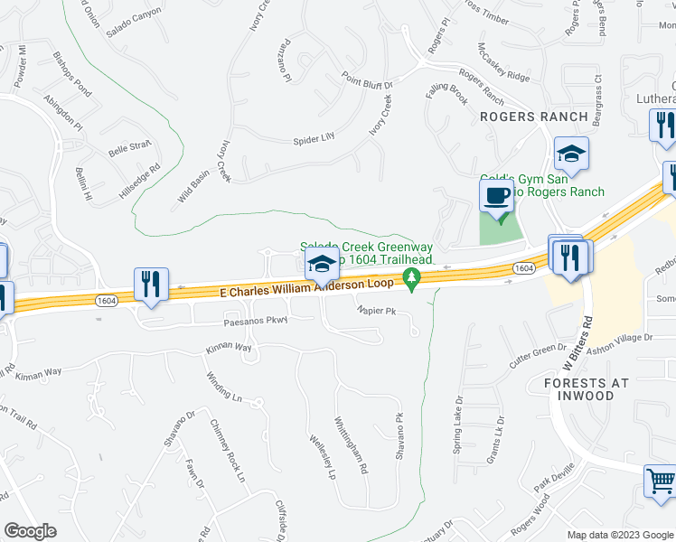 map of restaurants, bars, coffee shops, grocery stores, and more near 3231 North Loop 1604 West in San Antonio