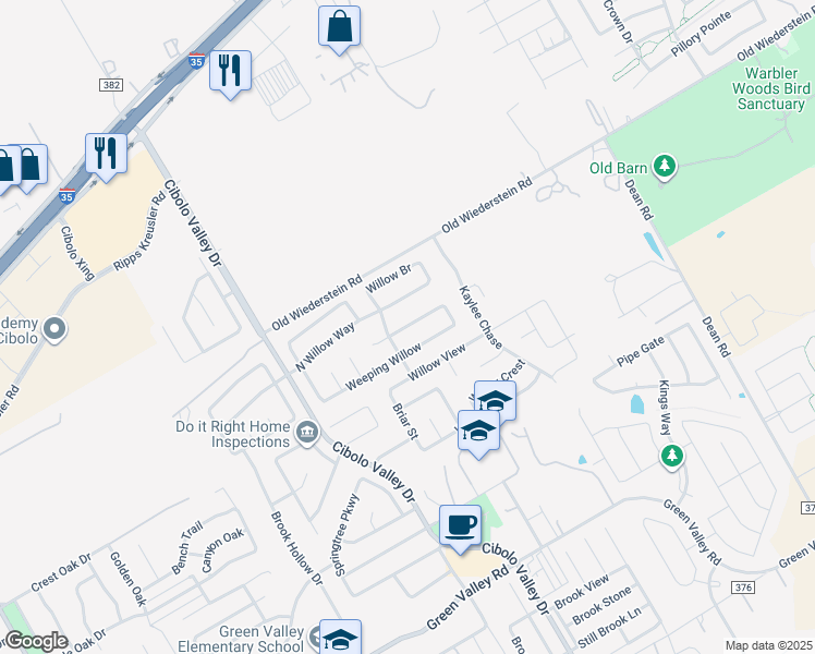 map of restaurants, bars, coffee shops, grocery stores, and more near 212 Willow Run in Cibolo