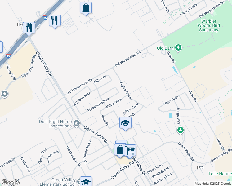 map of restaurants, bars, coffee shops, grocery stores, and more near 240 Weeping Willow in Cibolo