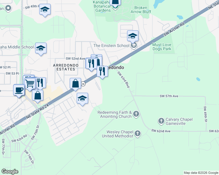 map of restaurants, bars, coffee shops, grocery stores, and more near 5609 Southwest 64th Street in Gainesville