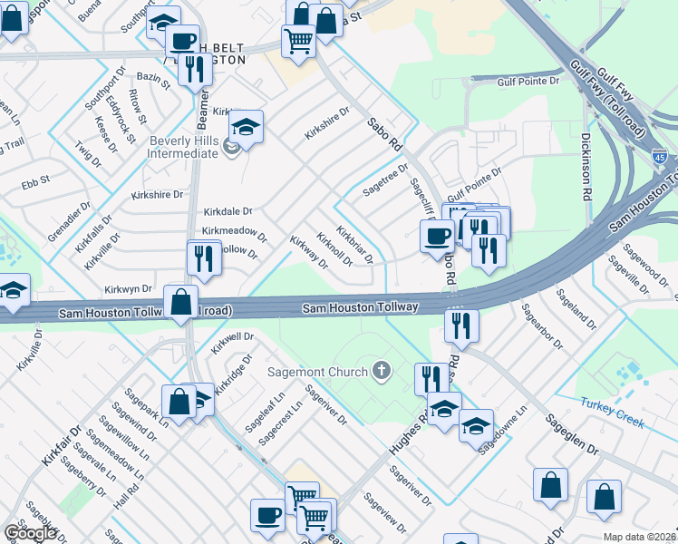 map of restaurants, bars, coffee shops, grocery stores, and more near 11923 Kirkway Drive in Houston