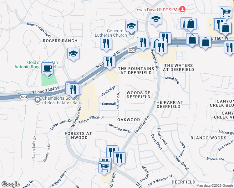 map of restaurants, bars, coffee shops, grocery stores, and more near 16723 Worthington in San Antonio