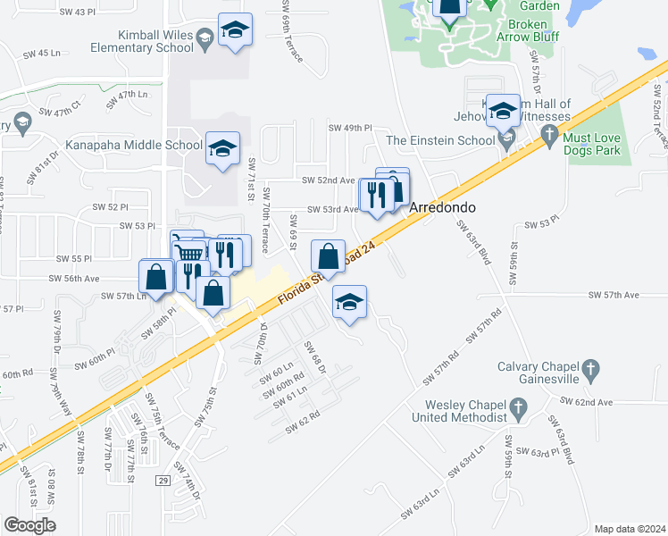 map of restaurants, bars, coffee shops, grocery stores, and more near Southwest Archer Road in Gainesville