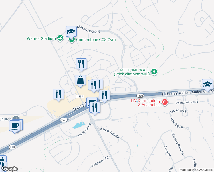 map of restaurants, bars, coffee shops, grocery stores, and more near 4003 North Loop 1604 West in San Antonio