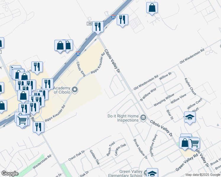 map of restaurants, bars, coffee shops, grocery stores, and more near 140 Cenizo Spring in Cibolo