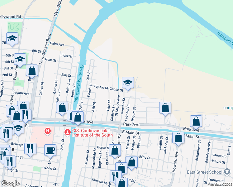 map of restaurants, bars, coffee shops, grocery stores, and more near 8412 Cecile Street in Houma