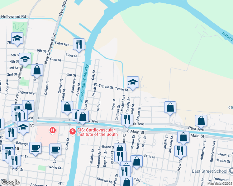 map of restaurants, bars, coffee shops, grocery stores, and more near 8412 Cecile Street in Houma