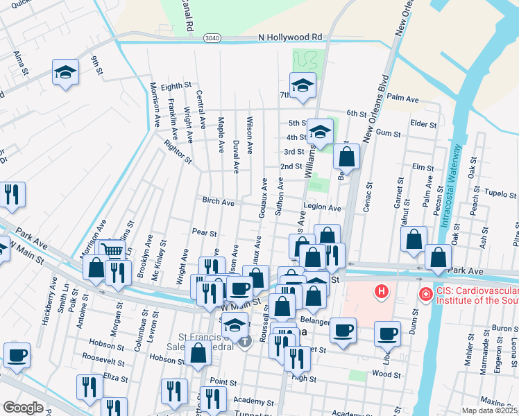 map of restaurants, bars, coffee shops, grocery stores, and more near 325 Gouaux Avenue in Houma