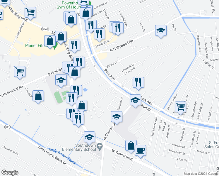 map of restaurants, bars, coffee shops, grocery stores, and more near 111 James Aitkens Street in Houma