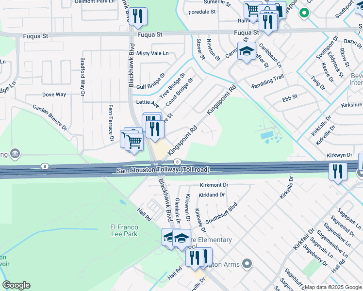 map of restaurants, bars, coffee shops, grocery stores, and more near 9100 Kingspoint Road in Houston