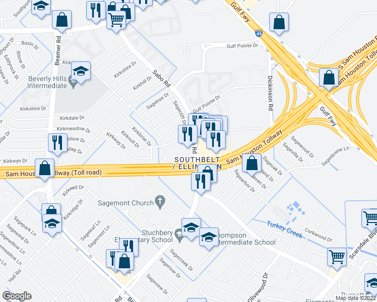 map of restaurants, bars, coffee shops, grocery stores, and more near 12132 Sabo Road in Houston