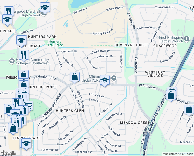 map of restaurants, bars, coffee shops, grocery stores, and more near 619 Tramwood Drive in Missouri City