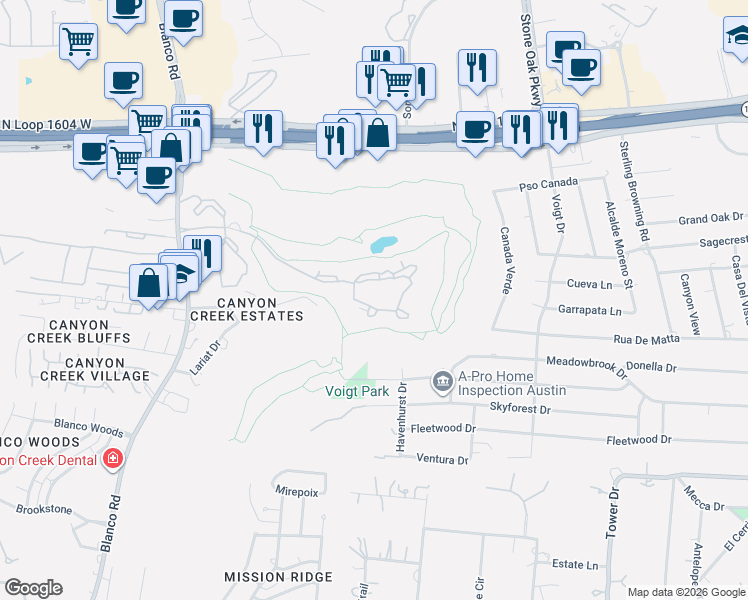 map of restaurants, bars, coffee shops, grocery stores, and more near 130 Talavera Parkway in San Antonio