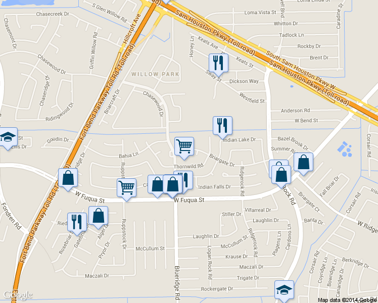 map of restaurants, bars, coffee shops, grocery stores, and more near 7003 Briargate Drive in Missouri City