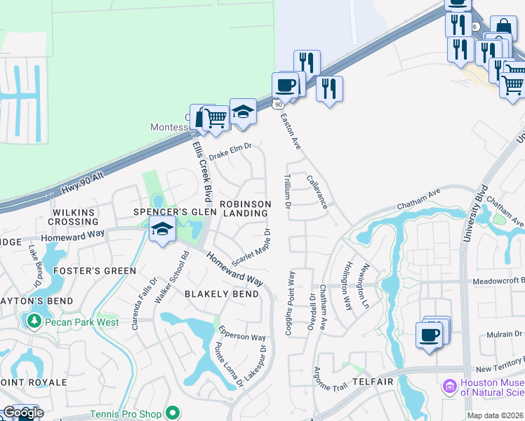 map of restaurants, bars, coffee shops, grocery stores, and more near 338 Scarlet Maple Drive in Sugar Land