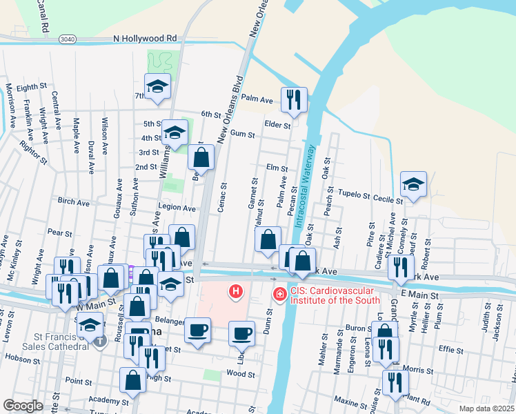 map of restaurants, bars, coffee shops, grocery stores, and more near 221 Walnut Street in Houma