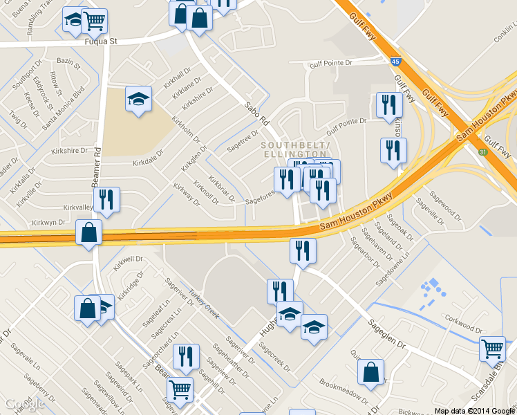 map of restaurants, bars, coffee shops, grocery stores, and more near 12107 Kirkholm Drive in Houston