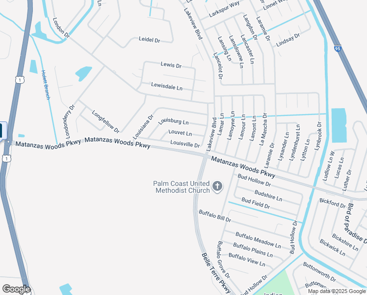map of restaurants, bars, coffee shops, grocery stores, and more near 34 Louisville Drive in Palm Coast