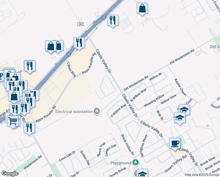 map of restaurants, bars, coffee shops, grocery stores, and more near 109 Goldenrod Cove in Cibolo