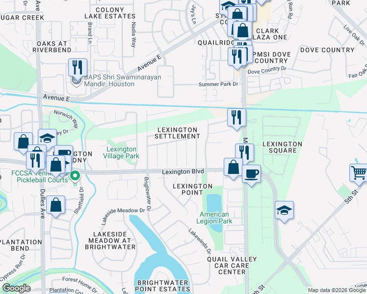 map of restaurants, bars, coffee shops, grocery stores, and more near 1214 Mountain Lake Drive in Missouri City