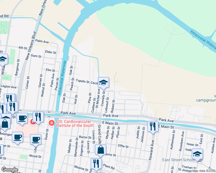 map of restaurants, bars, coffee shops, grocery stores, and more near 222 Connely Street in Houma