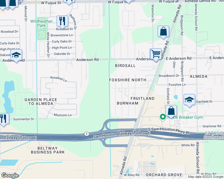 map of restaurants, bars, coffee shops, grocery stores, and more near 505 West Foxshire Lane in Houston