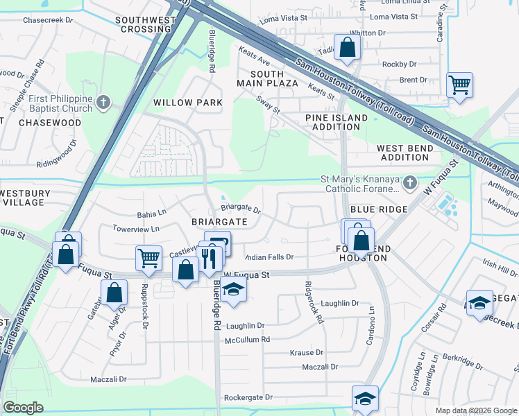 map of restaurants, bars, coffee shops, grocery stores, and more near 15330 Ohara Drive in Missouri City