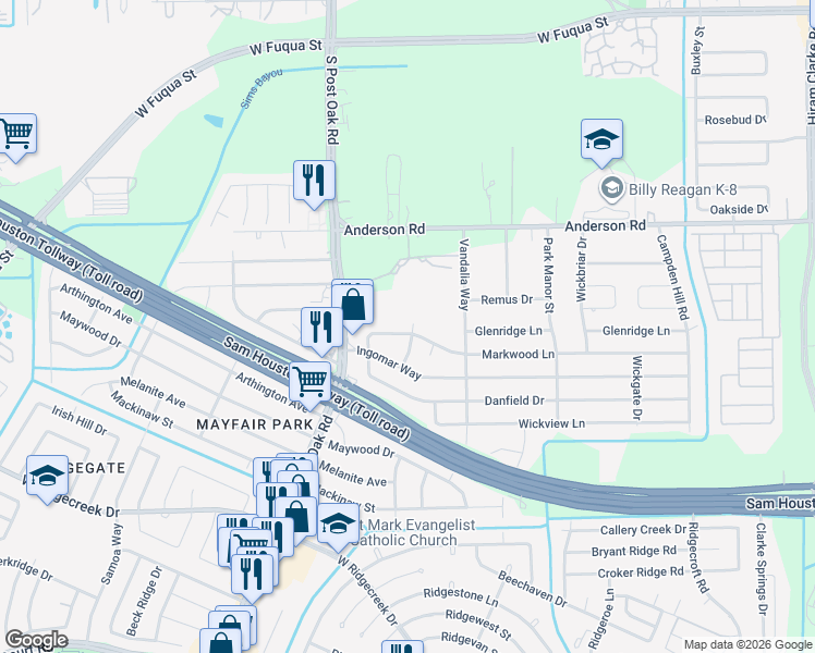 map of restaurants, bars, coffee shops, grocery stores, and more near 5402 Markwood Lane in Houston